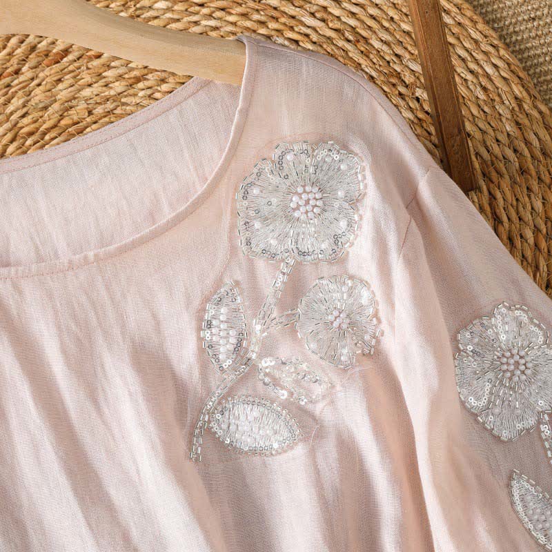 Buddha Stones Summer Casual Elegant Embroidery White Floral Crew Neck Women's Long Sleeve T-Shirt - image 2