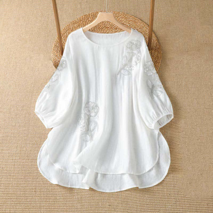 Buddha Stones Summer Casual Elegant Embroidery White Floral Crew Neck Women's Long Sleeve T-Shirt - White - US14, UK/AU18, EU46 (2XL) - image 6