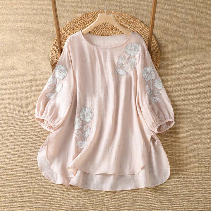 Buddha Stones Summer Casual Elegant Embroidery White Floral Crew Neck Women's Long Sleeve T-Shirt - MistyRose - US14, UK/AU18, EU46 (2XL) - image 0