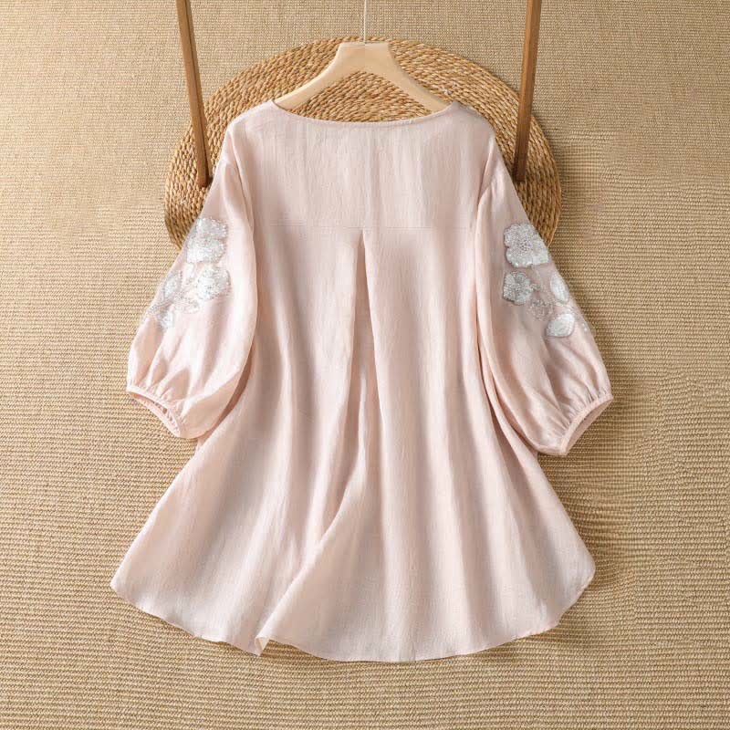 Buddha Stones Summer Casual Elegant Embroidery White Floral Crew Neck Women's Long Sleeve T-Shirt - image 1