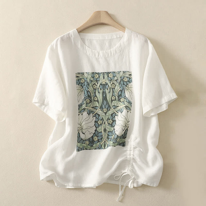 Buddha Stones Summer Casual Vintage Drawstring Abstract Flowers Print Women's Short Sleeve T-Shirts - White - US8-10, UK/AU12-14, EU40-42 (2XL) - image 14