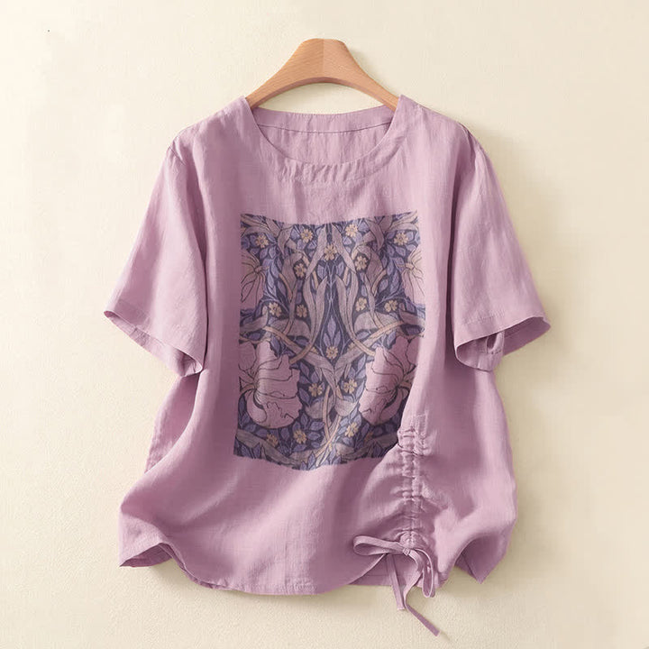 Buddha Stones Summer Casual Vintage Drawstring Abstract Flowers Print Women's Short Sleeve T-Shirts - Plum - US8-10, UK/AU12-14, EU40-42 (2XL) - image 0