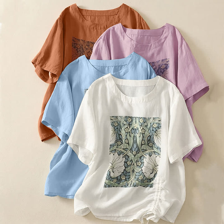 Buddha Stones Summer Casual Vintage Drawstring Abstract Flowers Print Women's Short Sleeve T-Shirts - image 21