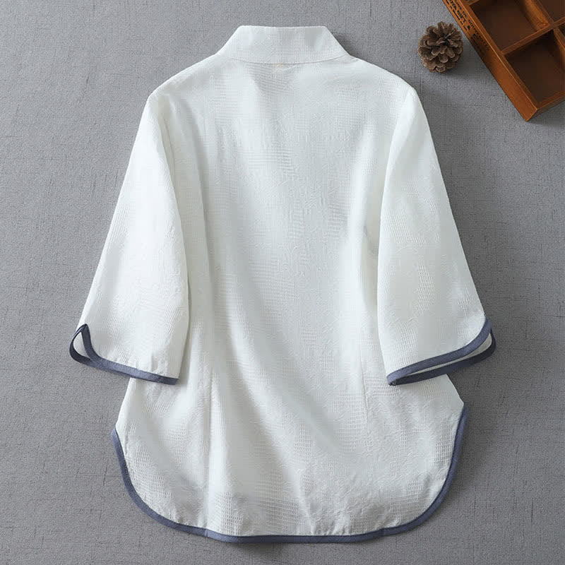 Buddha Stones Summer Tang Style Minimalist Mandarin Collar Frog Button Solid Women's Short Sleeve Shirts - image 8