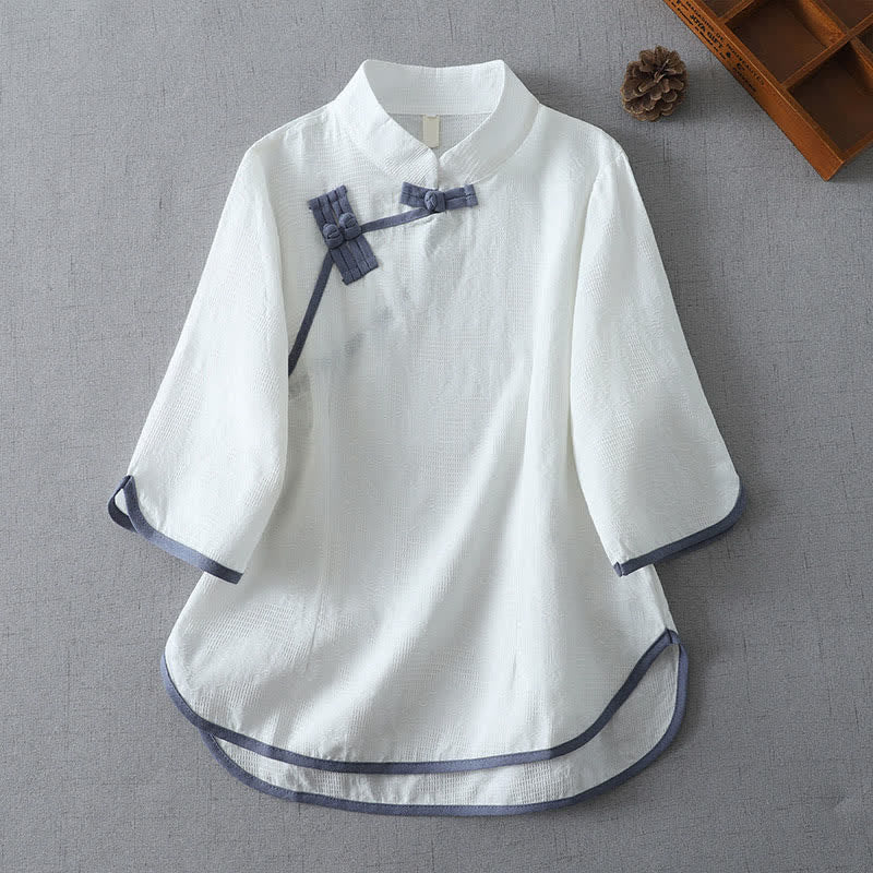 Buddha Stones Summer Tang Style Minimalist Mandarin Collar Frog Button Solid Women's Short Sleeve Shirts - White - US12, UK/AU16, EU44 (3XL) - image 7