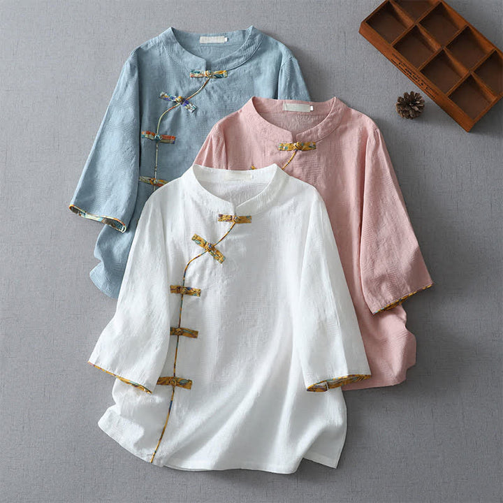 Buddha Stones Summer Tang Style Casual Frog Button Solid Women's Elbow-Length Sleeve Shirts - image 16