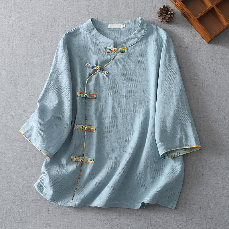 Buddha Stones Summer Tang Style Casual Frog Button Solid Women's Elbow-Length Sleeve Shirts - LightBlue - US8-10, UK/AU12-14, EU40-42 (2XL) - image 4