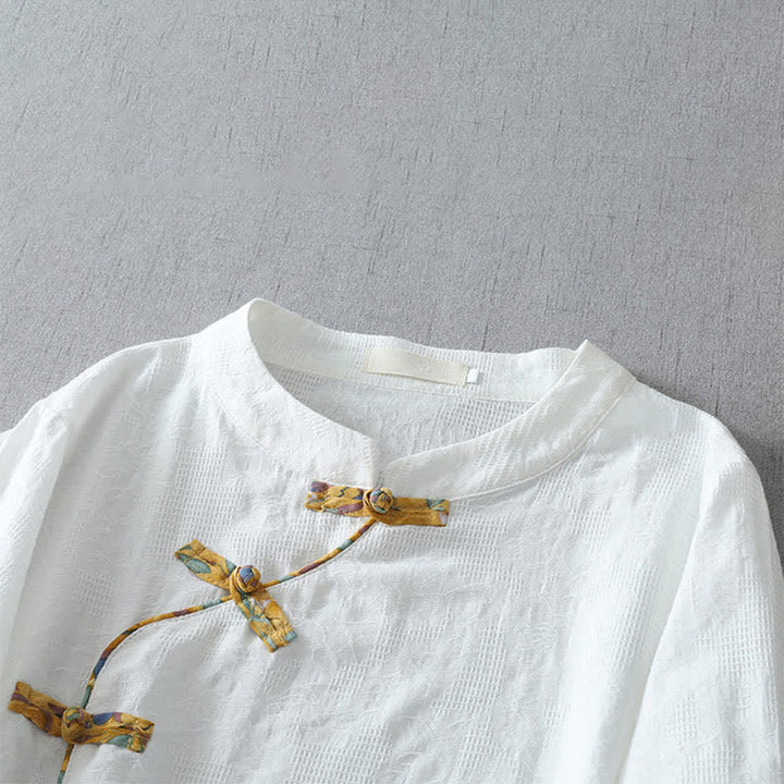 Buddha Stones Summer Tang Style Casual Frog Button Solid Women's Elbow-Length Sleeve Shirts - image 10