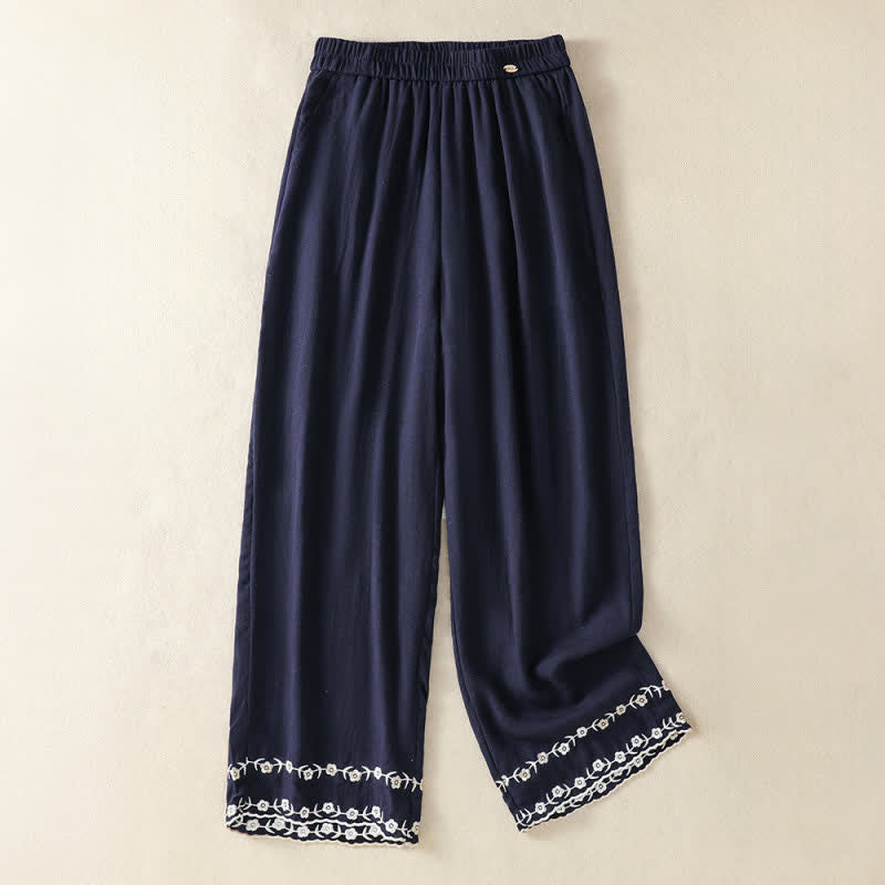 Buddha Stones Summer Casual Vintage Embroidery Floral Cropped Pants Women's Straight Leg Pants With Pocket - Navy - US8-10, UK/AU12-14, EU40-42 (2XL) - image 1