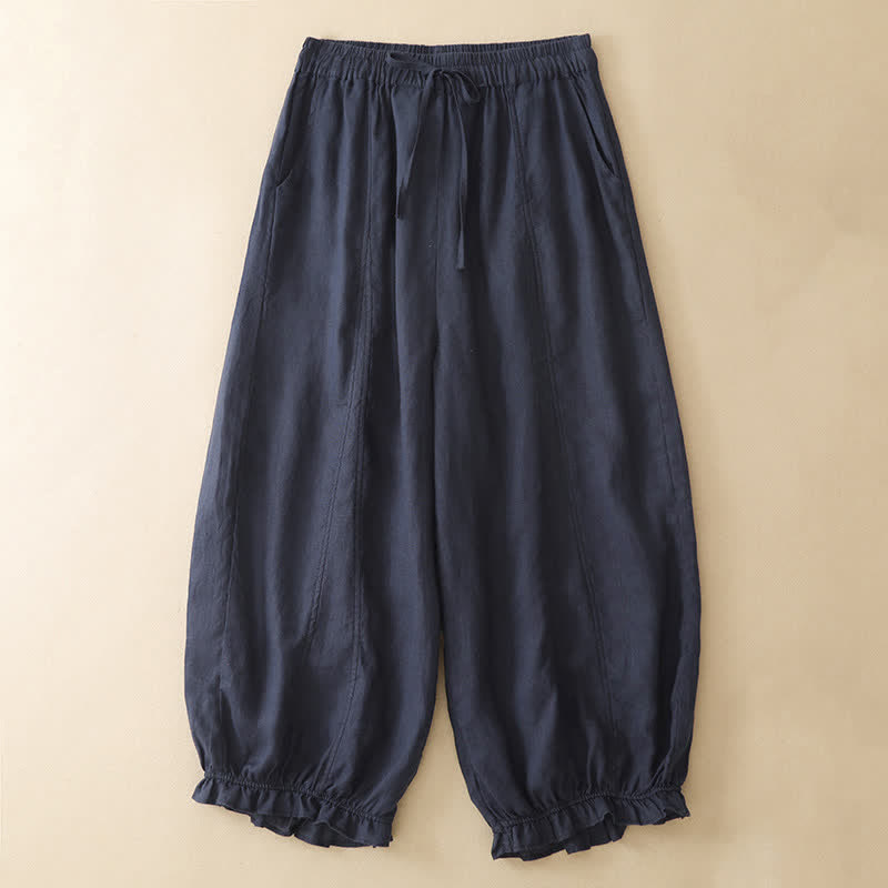 Buddha Stones Summer Casual Drawstring Solid Ruffle Hem Cropped Pants Women's Harem Pants With Pocket - Navy - US8-10, UK/AU12-14, EU40-42 (2XL) - image 0