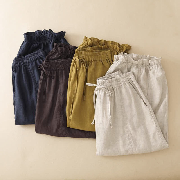 Buddha Stones Summer Casual Drawstring Solid Ruffle Hem Cropped Pants Women's Harem Pants With Pocket - image 19
