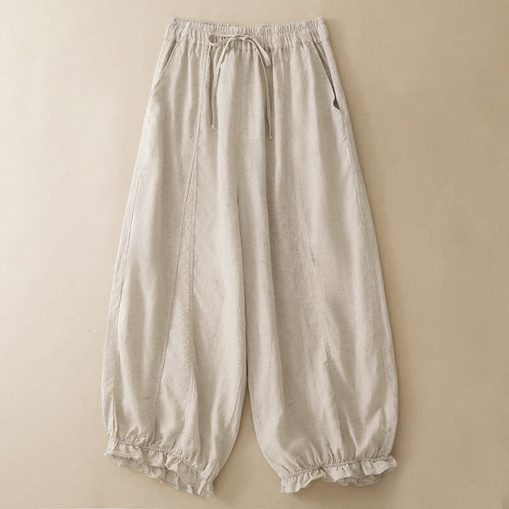 Buddha Stones Summer Casual Drawstring Solid Ruffle Hem Cropped Pants Women's Harem Pants With Pocket - Beige - US8-10, UK/AU12-14, EU40-42 (2XL) - image 10