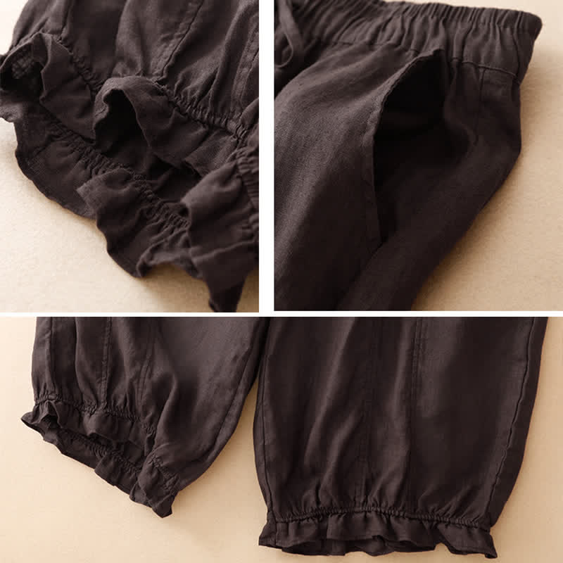 Buddha Stones Summer Casual Drawstring Solid Ruffle Hem Cropped Pants Women's Harem Pants With Pocket - image 5