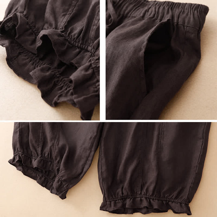 Buddha Stones Summer Casual Drawstring Solid Ruffle Hem Cropped Pants Women's Harem Pants With Pocket - image 5