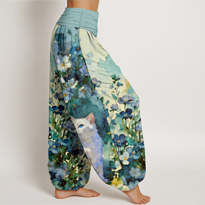 Buddha Stones Pure Cotton Floral White Cat Pattern Women's Elastic Waist Harem Pants - image 7