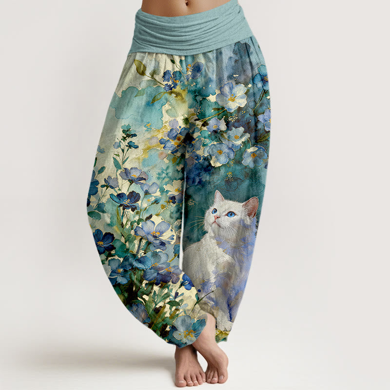 Buddha Stones Pure Cotton Floral White Cat Pattern Women's Elastic Waist Harem Pants - Teal - US16，UK/AU20，EU48 (3XL) - image 5