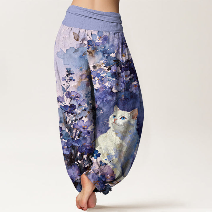 Buddha Stones Pure Cotton Floral White Cat Pattern Women's Elastic Waist Harem Pants - image 9