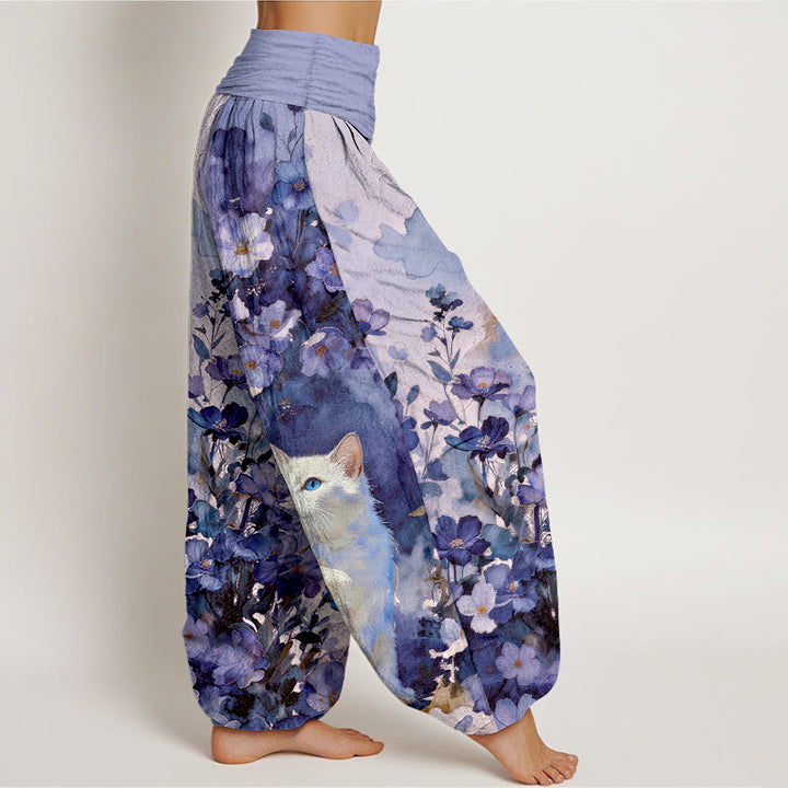 Buddha Stones Pure Cotton Floral White Cat Pattern Women's Elastic Waist Harem Pants - image 10