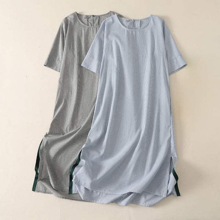 Buddha Stones Summer Casual Simple Side Slit Striped Women's Short Sleeve Dresses With Pocket - image 14