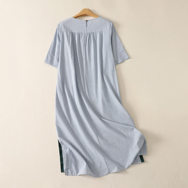 Buddha Stones Summer Casual Simple Side Slit Striped Women's Short Sleeve Dresses With Pocket - image 1
