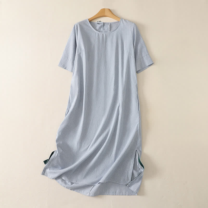 Buddha Stones Summer Casual Simple Side Slit Striped Women's Short Sleeve Dresses With Pocket - LightBlue - US14, UK/AU18, EU46 (2XL) - image 0