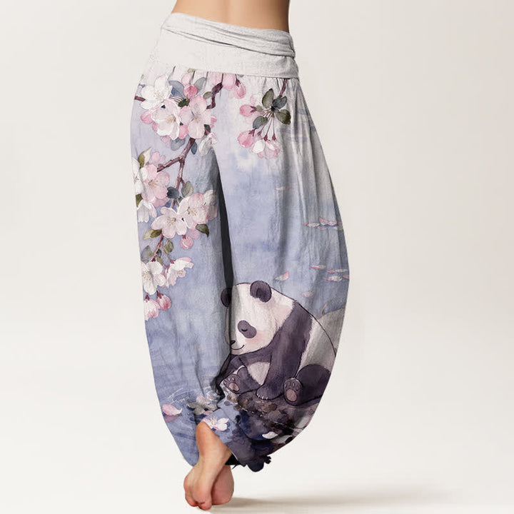 Buddha Stones Pure Cotton Cherry Blossom Panda Pattern Women's Elastic Waist Harem Pants - image 9