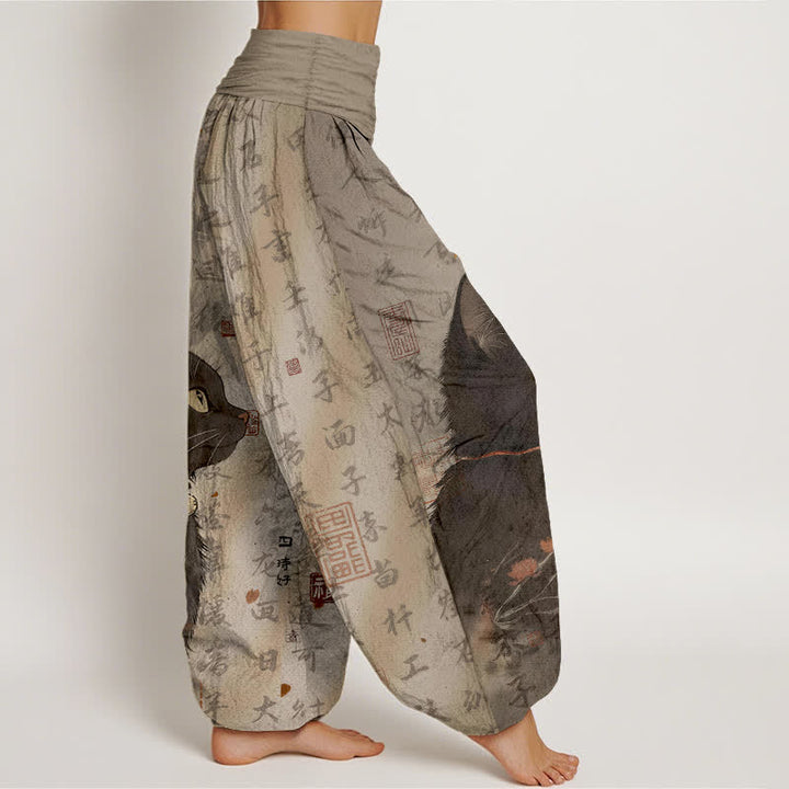 Buddha Stones Pure Cotton Black Cat Calligraphy Pattern Women's Elastic Waist Harem Pants - image 2