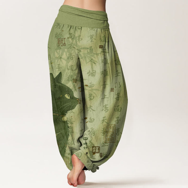 Buddha Stones Pure Cotton Black Cat Calligraphy Pattern Women's Elastic Waist Harem Pants - image 9