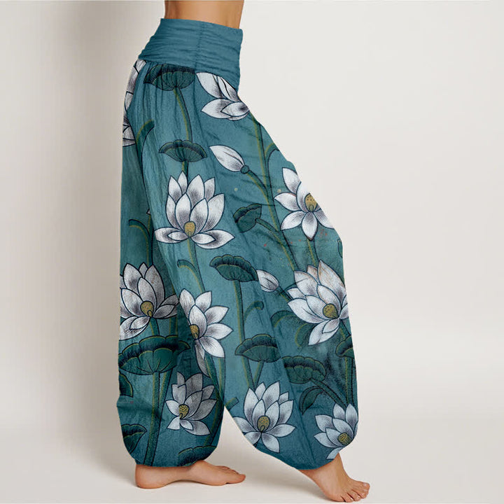 Buddha Stones Pure Cotton Lotus Bloom Pattern Women's Elastic Waist Harem Pants - image 7