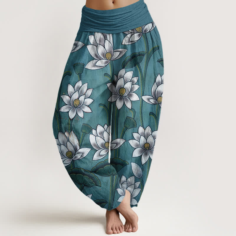 Buddha Stones Pure Cotton Lotus Bloom Pattern Women's Elastic Waist Harem Pants - SteelBlue - US16，UK/AU20，EU48 (3XL) - image 5