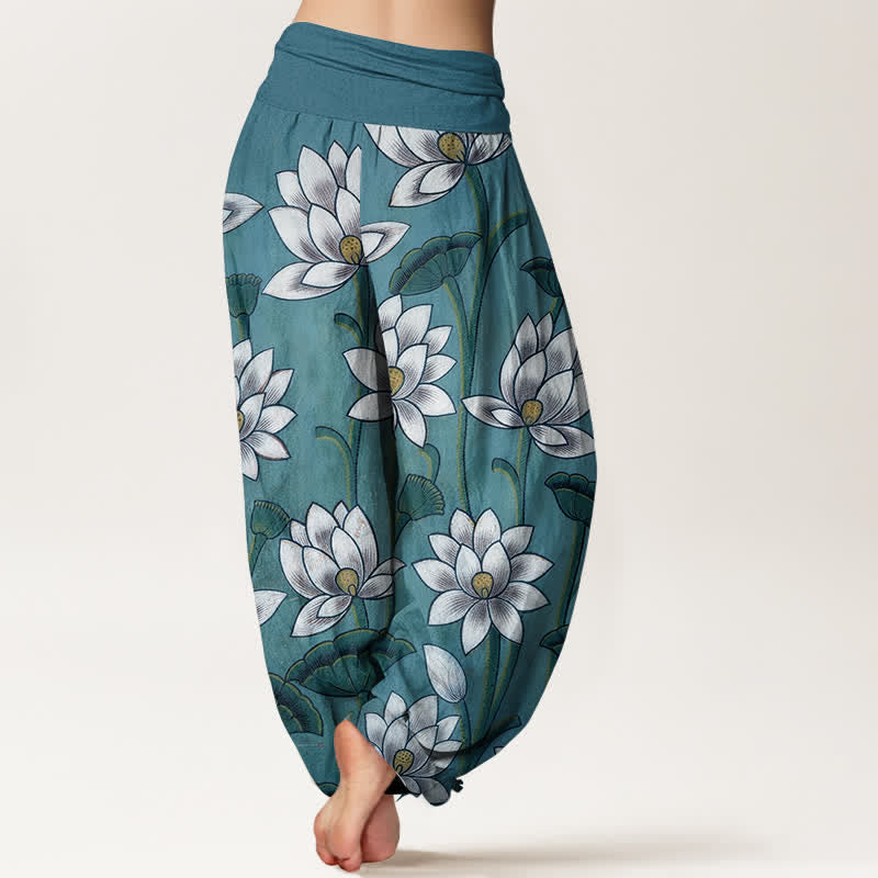 Buddha Stones Pure Cotton Lotus Bloom Pattern Women's Elastic Waist Harem Pants - image 6
