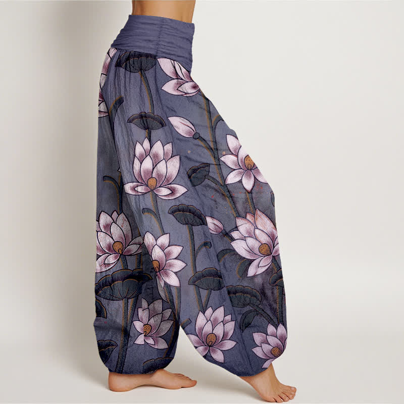 Buddha Stones Pure Cotton Lotus Bloom Pattern Women's Elastic Waist Harem Pants - image 9