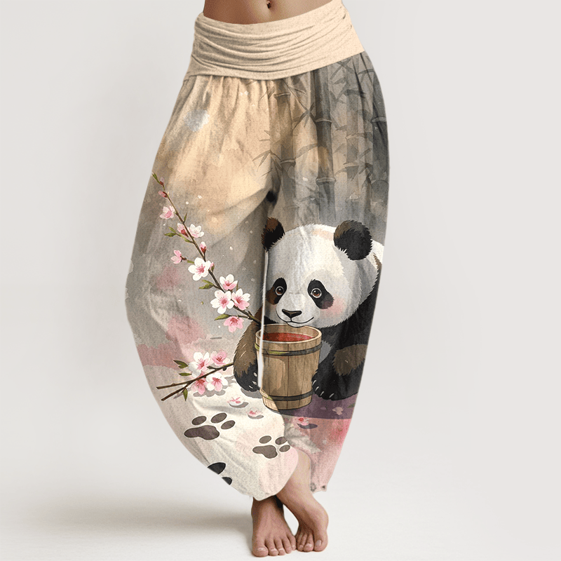 Buddha Stones Pure Cotton Panda Bamboo Blossom Pattern Women's Elastic Waist Harem Pants - Wheat - US16，UK/AU20，EU48 (3XL) - image 0
