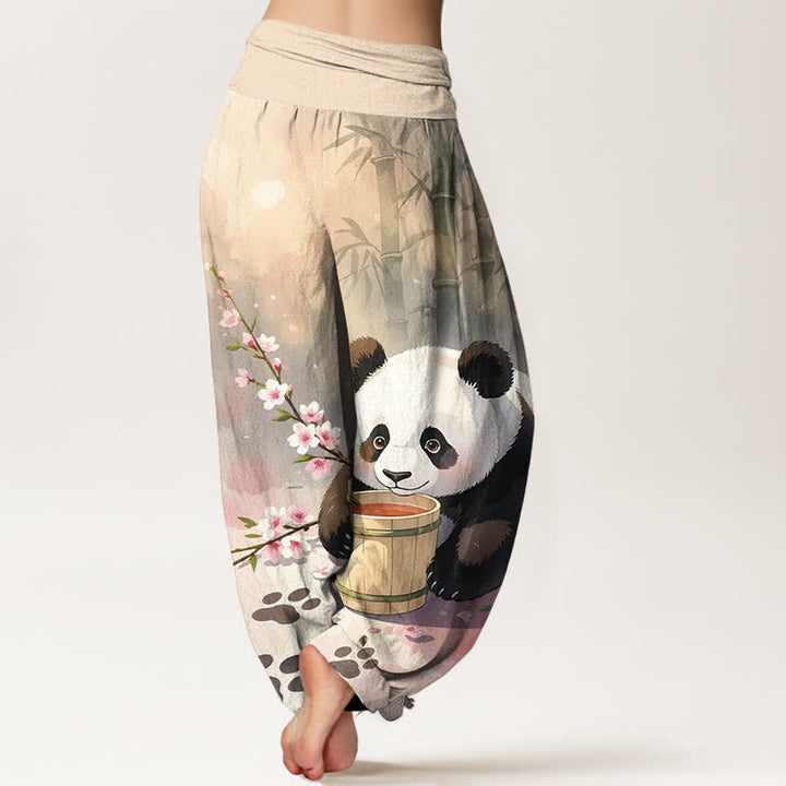 Buddha Stones Pure Cotton Panda Bamboo Blossom Pattern Women's Elastic Waist Harem Pants - image 1
