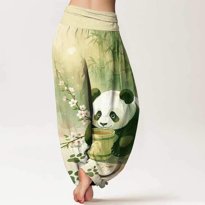 Buddha Stones Pure Cotton Panda Bamboo Blossom Pattern Women's Elastic Waist Harem Pants - image 6