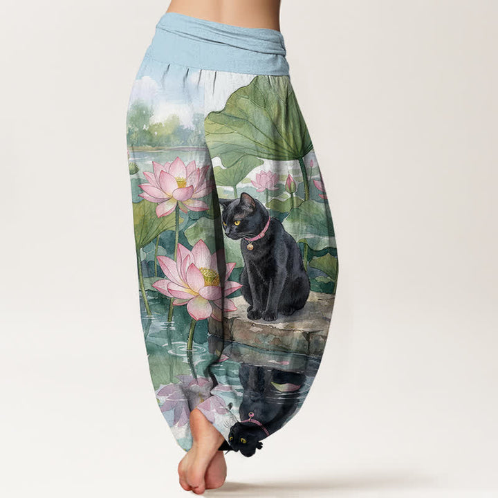 Buddha Stones Pure Cotton Lotus Black Cat Pattern Women's Elastic Waist Harem Pants - image 1