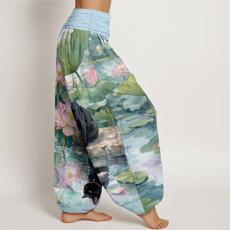Buddha Stones Pure Cotton Lotus Black Cat Pattern Women's Elastic Waist Harem Pants - image 2