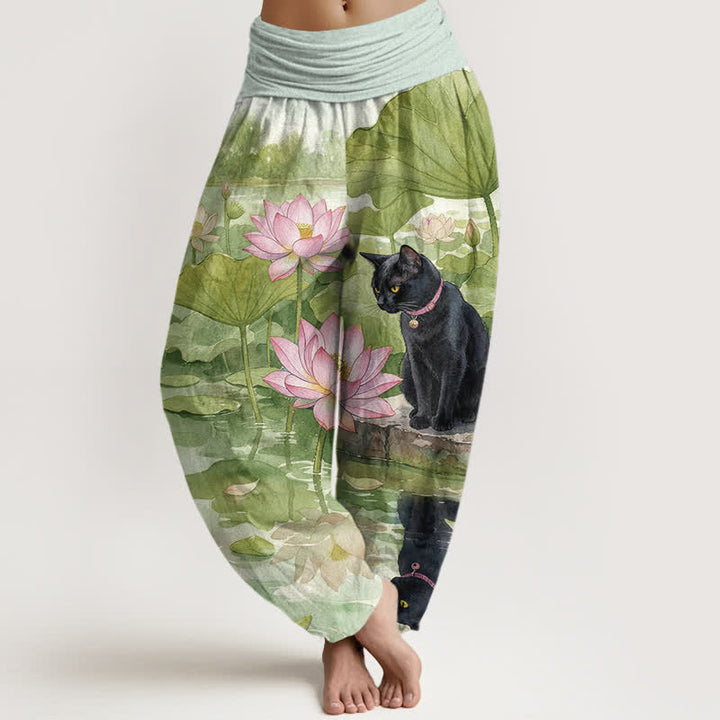 Buddha Stones Pure Cotton Lotus Black Cat Pattern Women's Elastic Waist Harem Pants - YellowGreen - US16，UK/AU20，EU48 (3XL) - image 5