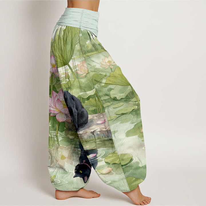 Buddha Stones Pure Cotton Lotus Black Cat Pattern Women's Elastic Waist Harem Pants - image 7