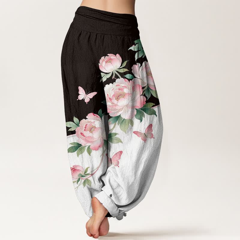 Buddha Stones Pure Cotton Floral Butterfly Pattern Women's Elastic Waist Harem Pants - image 1