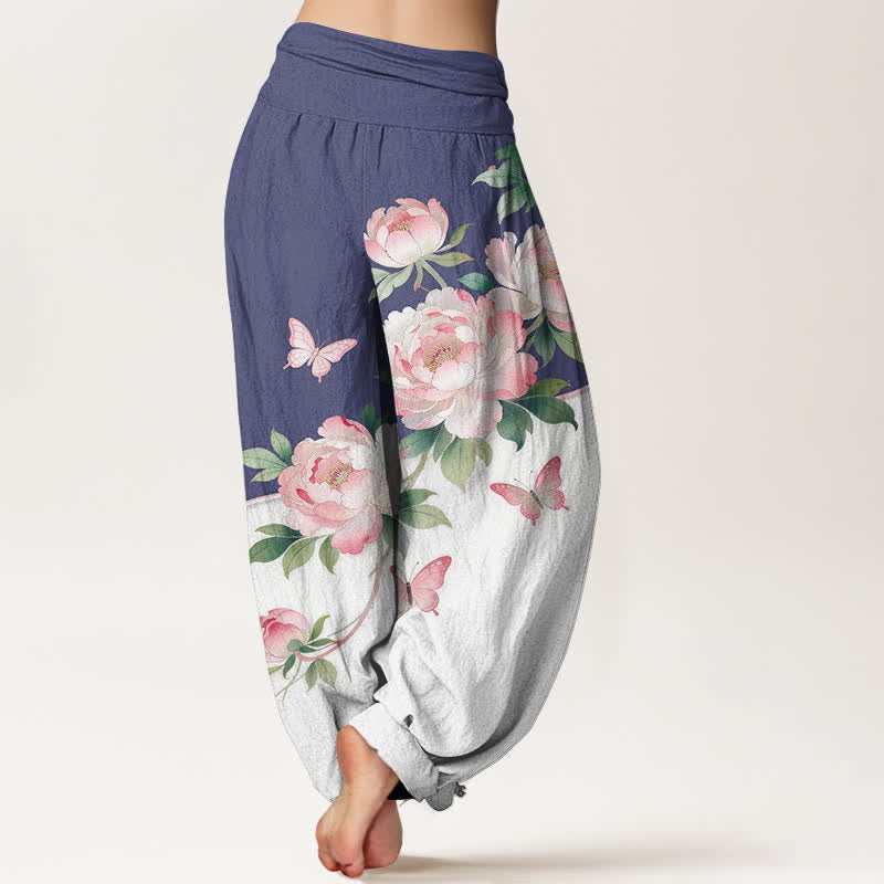 Buddha Stones Pure Cotton Floral Butterfly Pattern Women's Elastic Waist Harem Pants - image 9