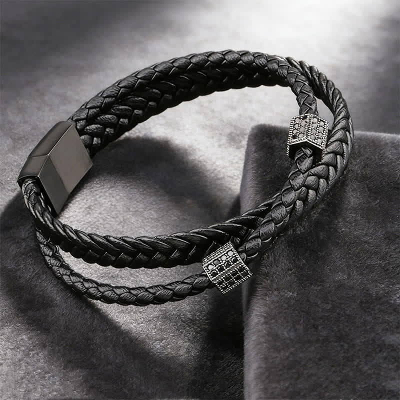 Buddha Stones Black Leather Hand-Woven Braided Titanium Steel Strength Multi-Wrap Bracelet - image 0