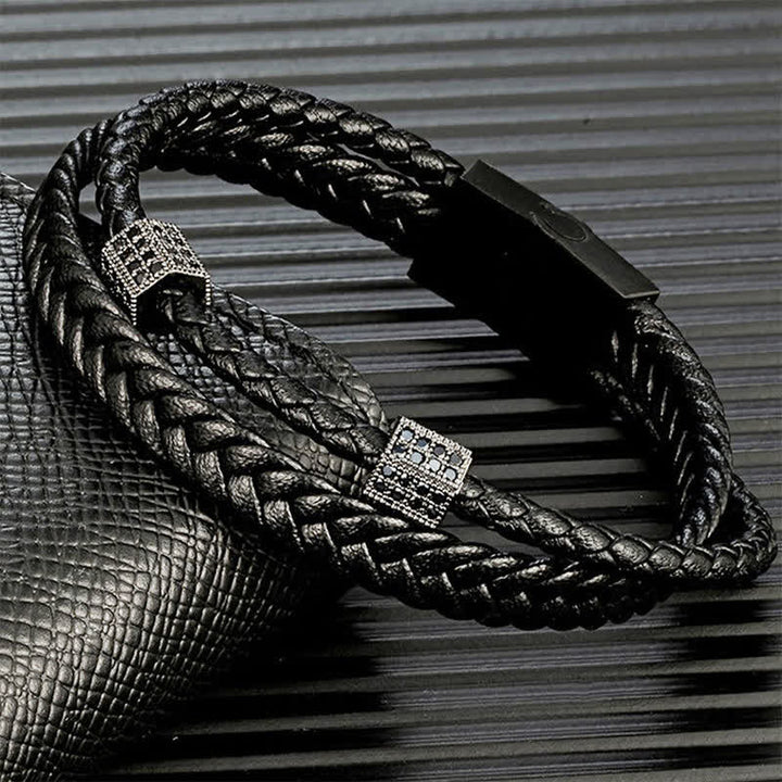 Buddha Stones Black Leather Hand-Woven Braided Titanium Steel Strength Multi-Wrap Bracelet - image 2