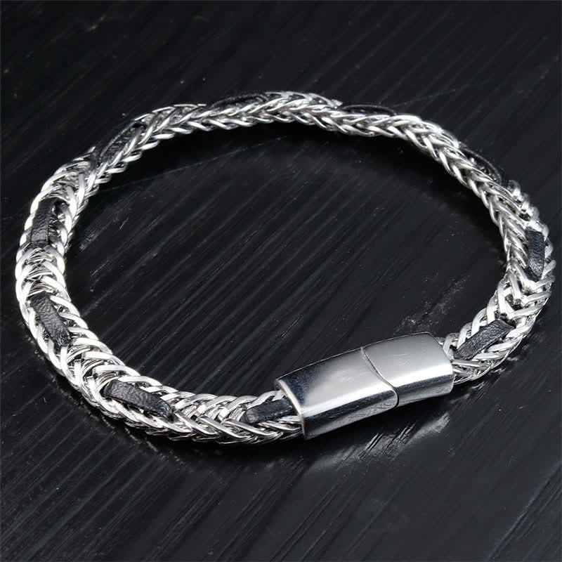 Buddha Stones Black Leather Braided Titanium Steel Double Layer Durability Bracelet - image 2