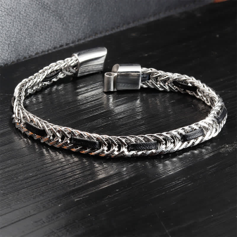 Buddha Stones Black Leather Braided Titanium Steel Double Layer Durability Bracelet - image 6