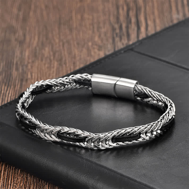 Buddha Stones Black Leather Braided Titanium Steel Double Layer Durability Bracelet - image 4
