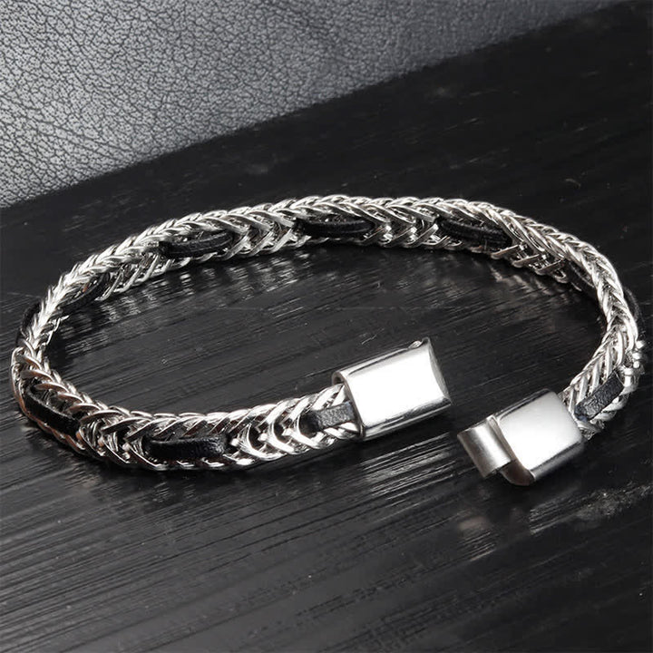 Buddha Stones Black Leather Braided Titanium Steel Double Layer Durability Bracelet - image 3