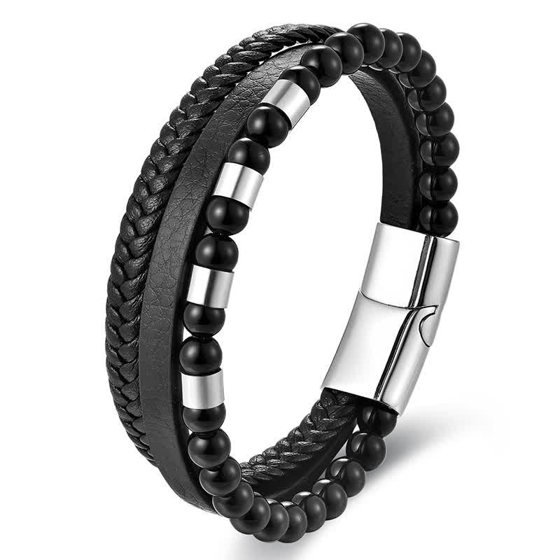 Buddha Stones Black Leather Strength Braided Double Layer Bracelet - Steel - image 7