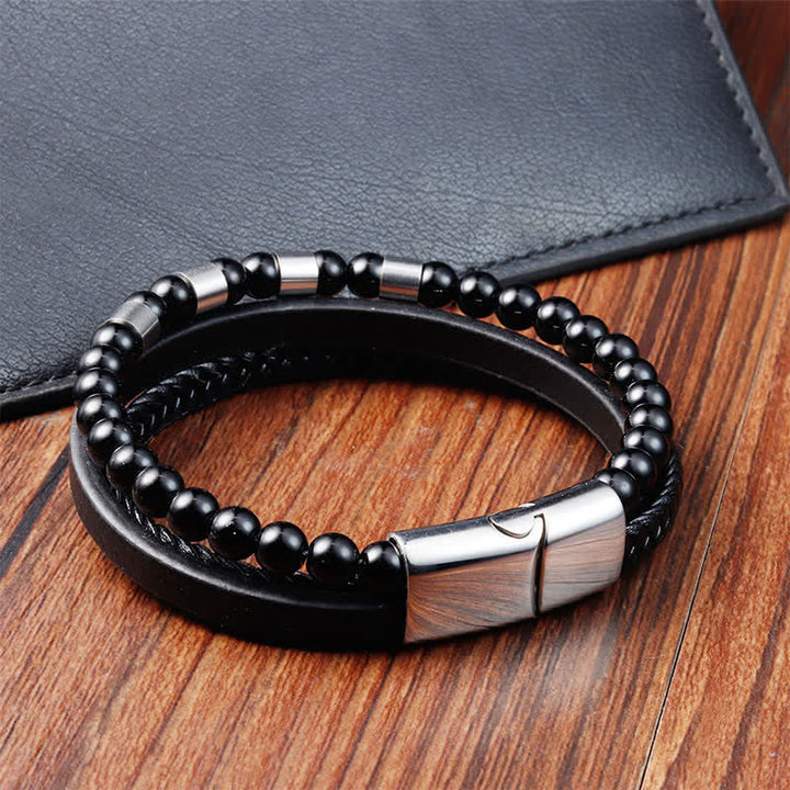 Buddha Stones Black Leather Strength Braided Double Layer Bracelet - image 11