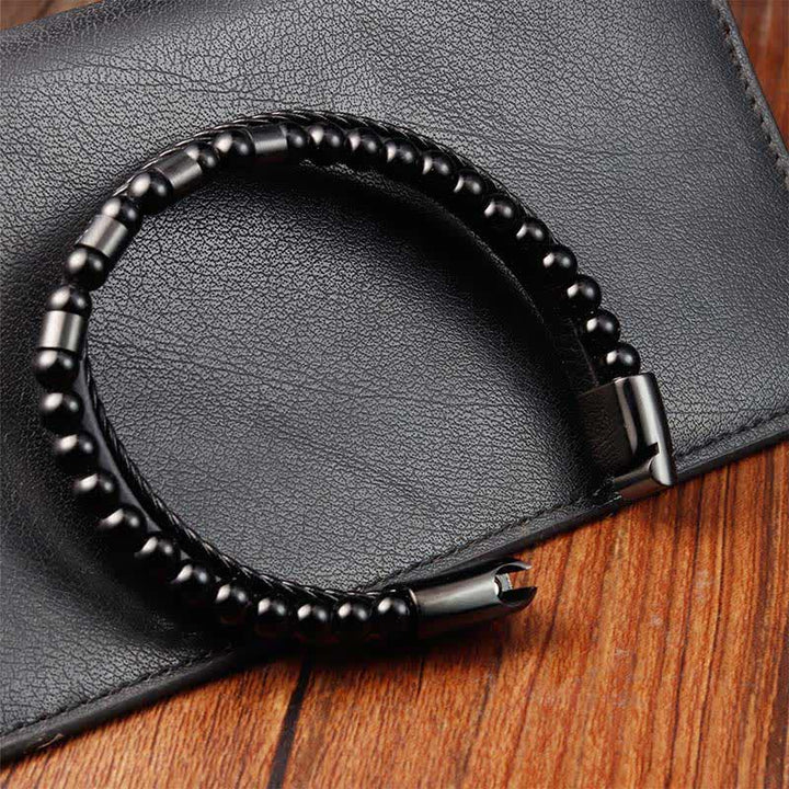 Buddha Stones Black Leather Strength Braided Double Layer Bracelet - image 6